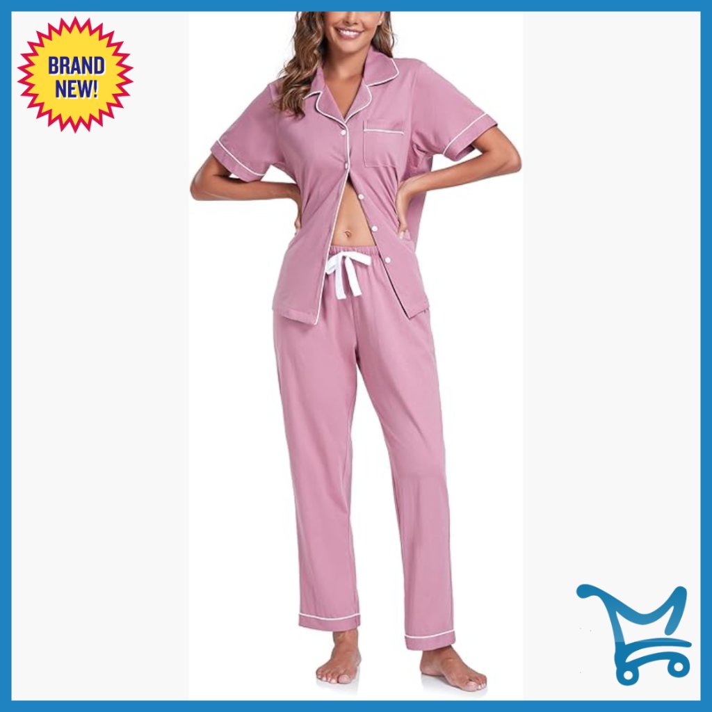 Women's 100% Cotton Pajama Set Short Sleeve Button Down Shirt Long Pants